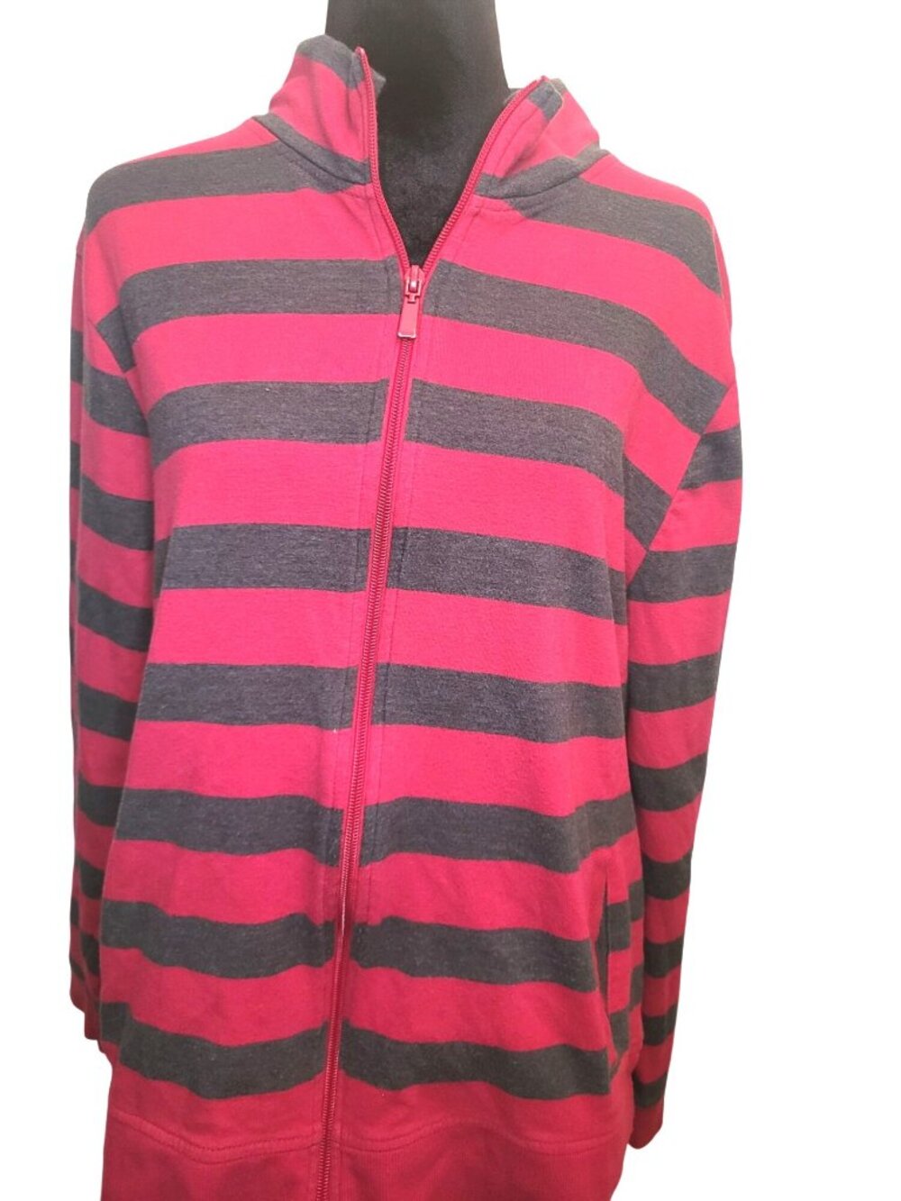 Gloria Vanderbilt Pink Gray Striped Zip Up Jacket 1X French Terry Preppy Sporty